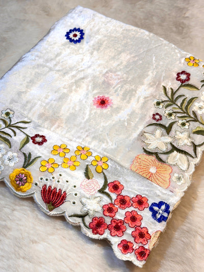 Kiara Luxury Pure Velvet Scalloped Dupatta With Threadwork Floral 2.50 Meter Length (Dyeable to light shades )
