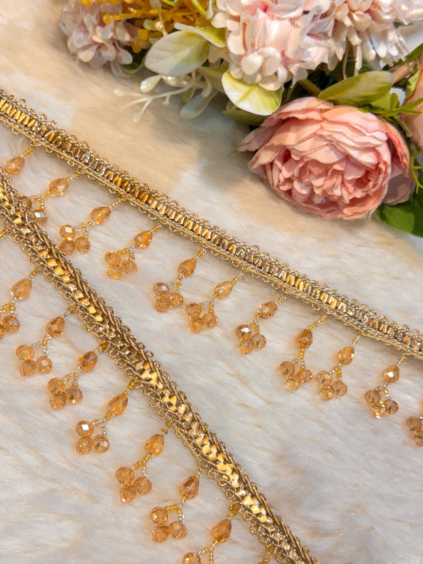 (Wholesale pack of 9 meter ) Luxury Latkan Lace peach Colour with Crystal work