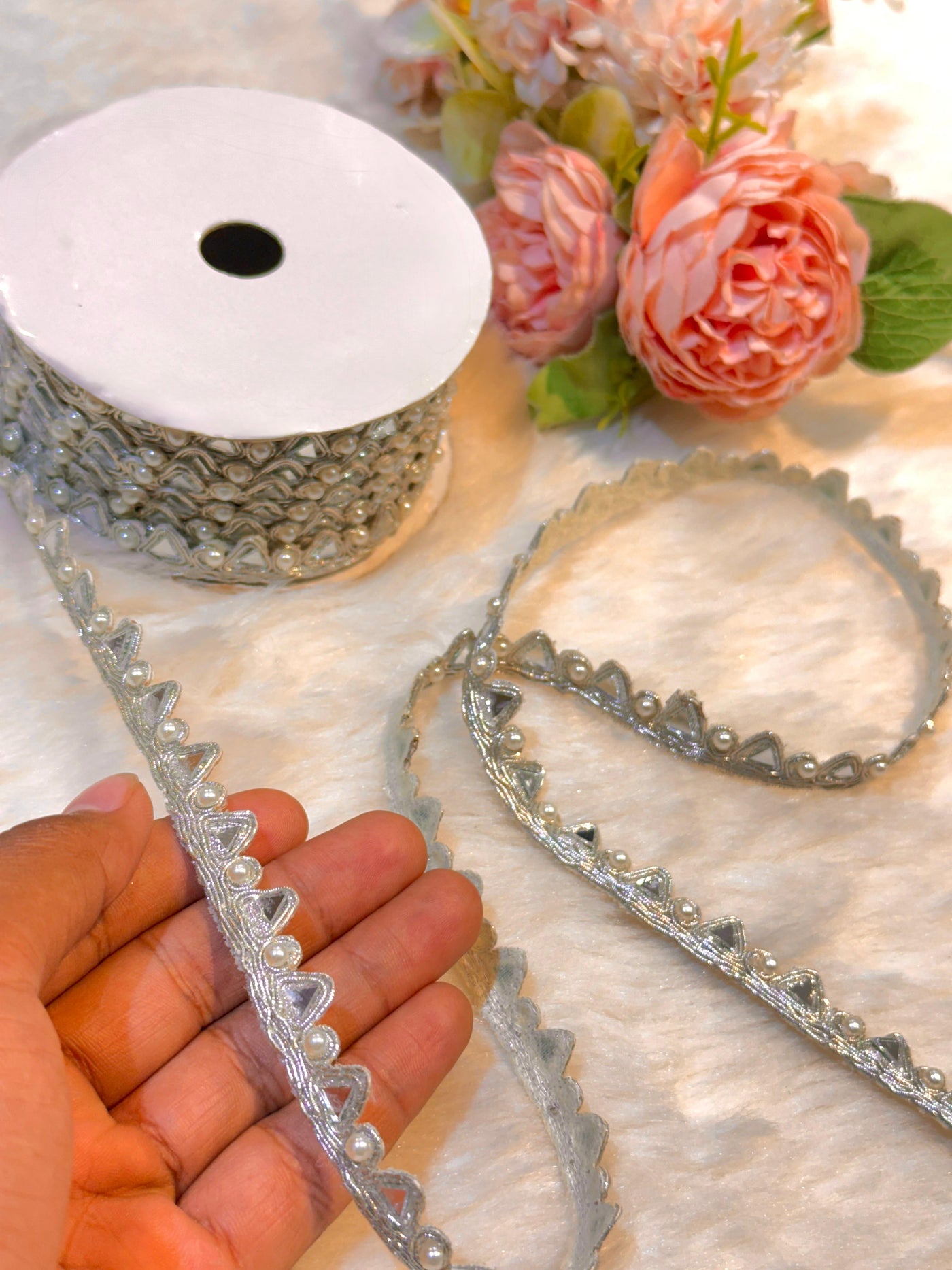 (Wholesale pack of 9 meter ) Lace Border With  Pearl and Mirror work