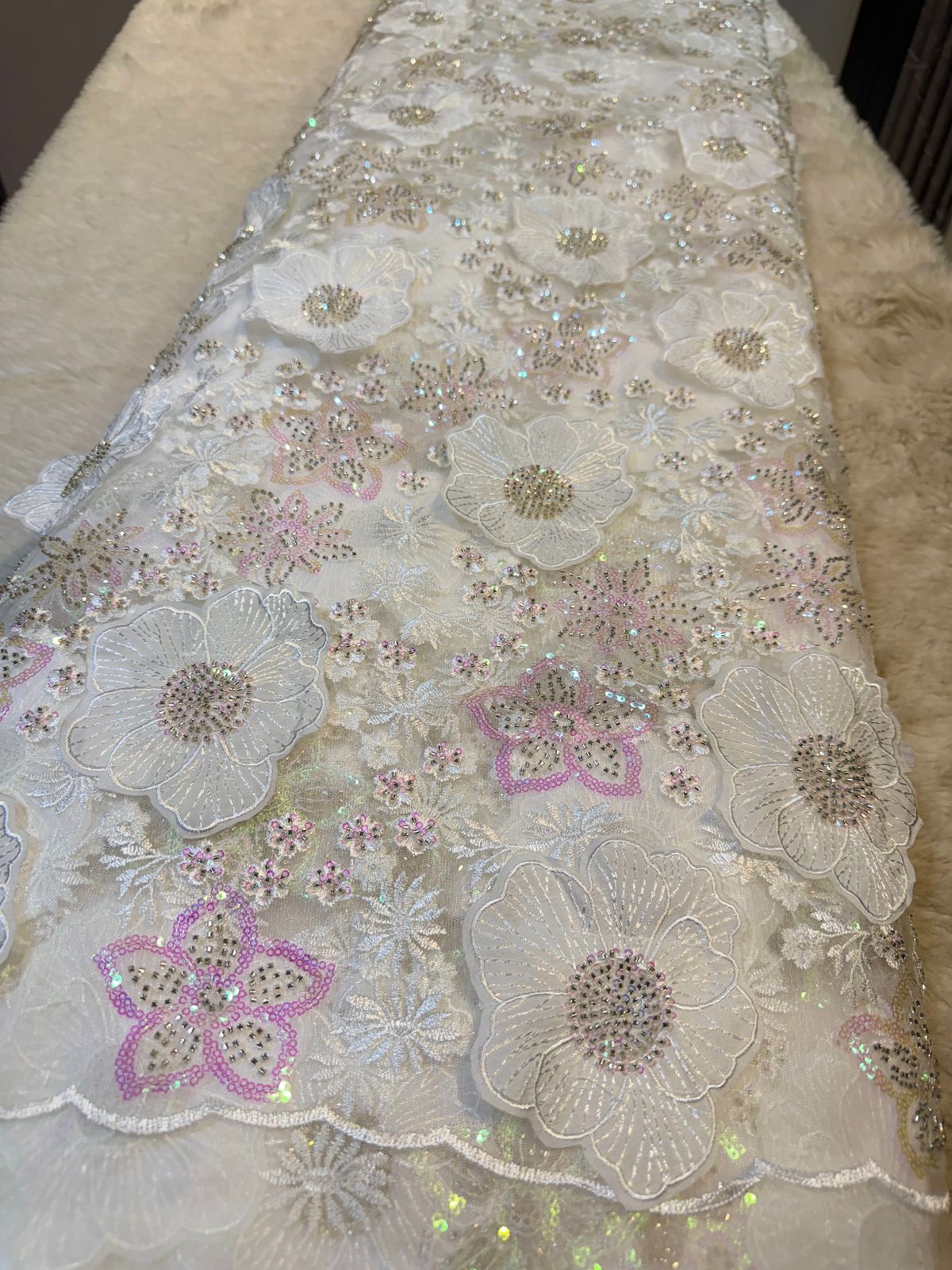 White Agam Applique Handwork Net Embroidery 54 inch width