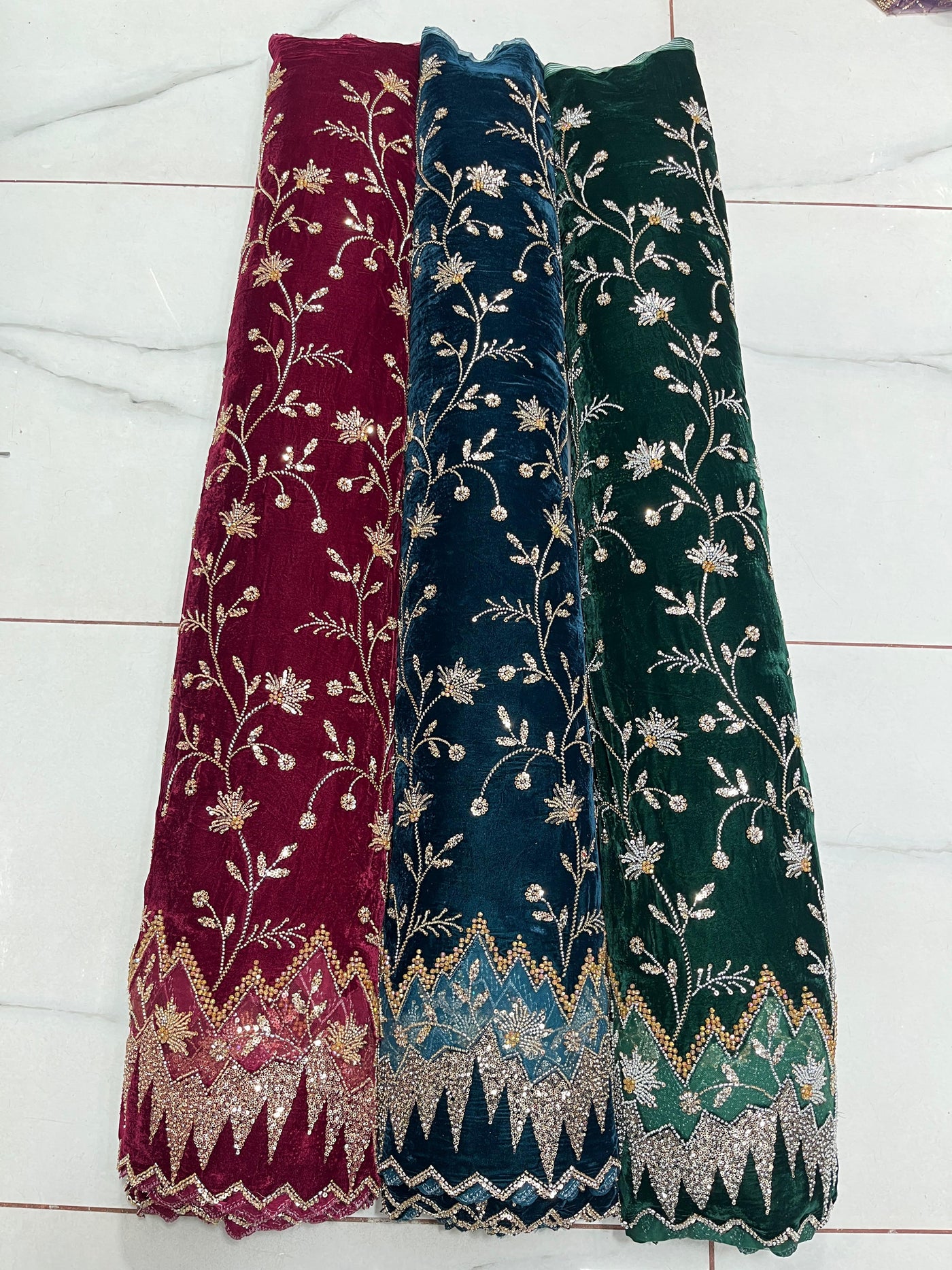 (Mix and Match ) Pure Velvet Handwork Embroidery 54 inch width / velvet  Dupatta With Two side Borders  37 inch width