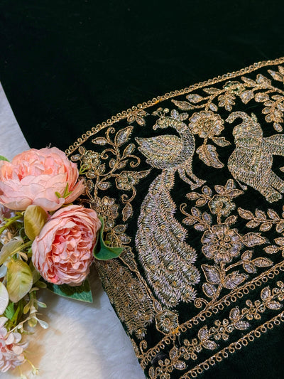 Bottle Green Ivy Velvet Daaman Zari embroidery  44 Inch width