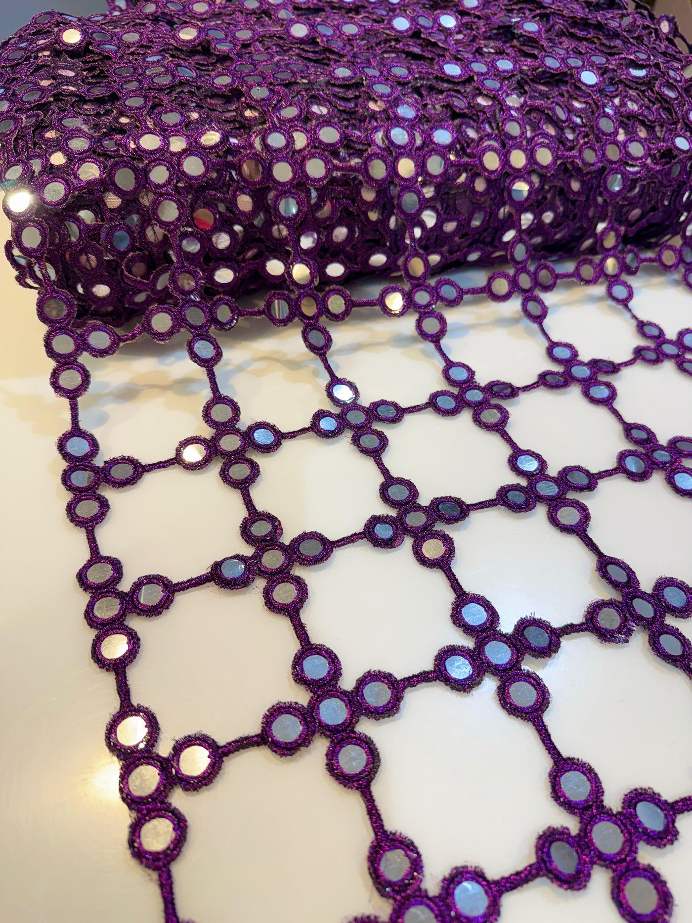 Purple Crochet With Faux Mirror Embroidery 39 inch width