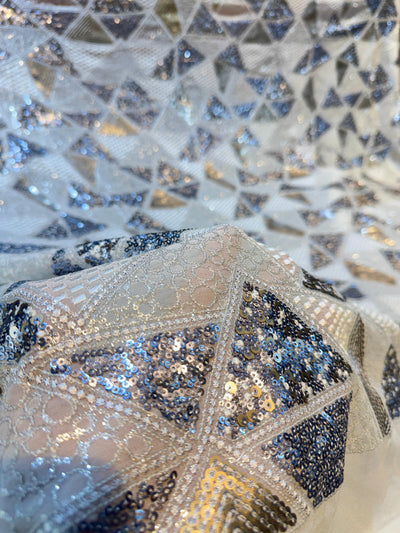 Silver Pure Viscose Georgette Prism Embroidery With Sequins  And Threadwork Dyeable