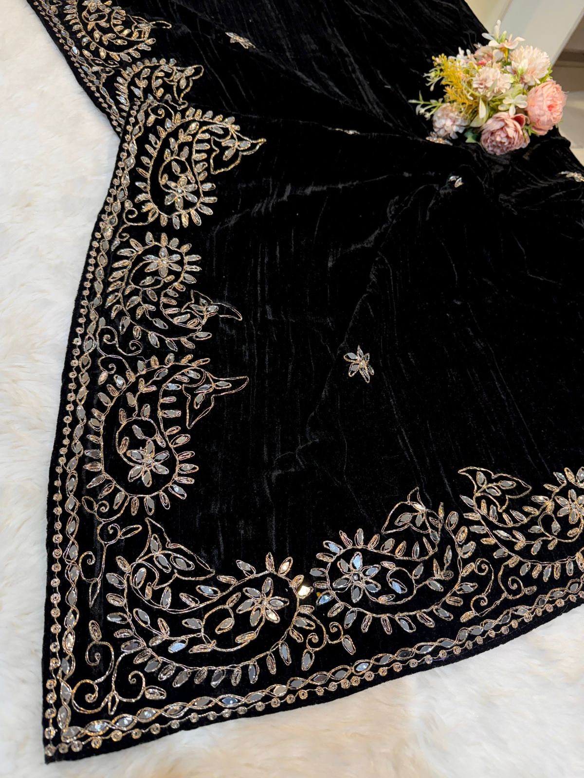 Black Pure Crush Velvet Real Mirror Handwork Dupatta 2.50 meter length