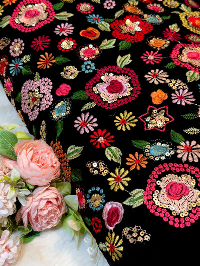 Pure Velvet Floral Thread And Sequins Embroidery  44 Inch Width