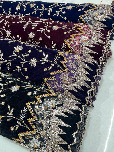 (Mix and Match ) Pure Velvet Handwork Embroidery 54 inch width / velvet  Dupatta With Two side Borders  37 inch width