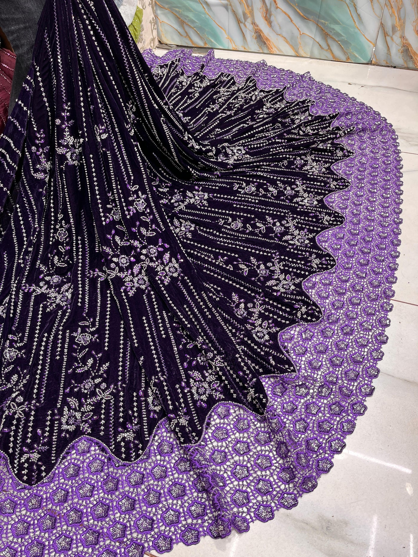 Imported Handwork Velvet Embroidery 50 inch width With Crochet￼ Border