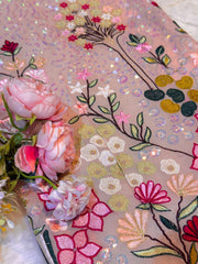 (Precut of 0.30 Meter)  Peach Georgette Thread And Sequins Embroidery 44 Inch width