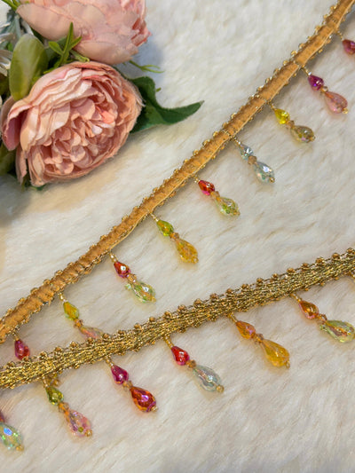 (Wholesale pack of 9 meter ) Luxury Latkan Lace Multi Colour with Crystal work
