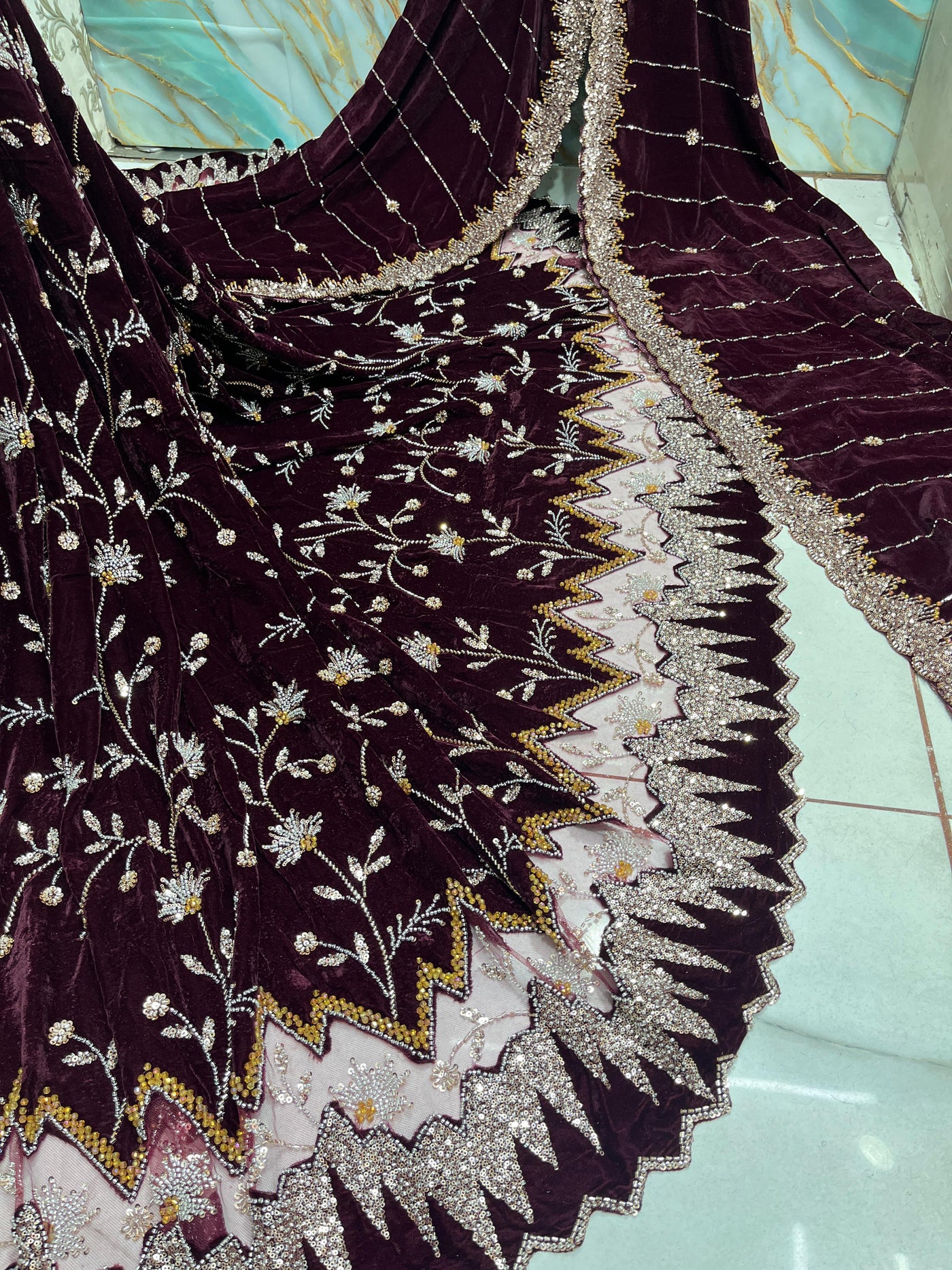 (Mix and Match ) Pure Velvet Handwork Embroidery 54 inch width / velvet  Dupatta With Two side Borders  37 inch width