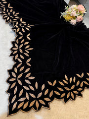 Black Pure Velvet Gota Work Scallop Stole 2.20 meter length