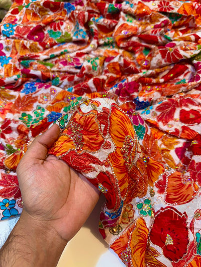 Luxury Crape Floral Print Embroidery With Handwork 44 Inch width