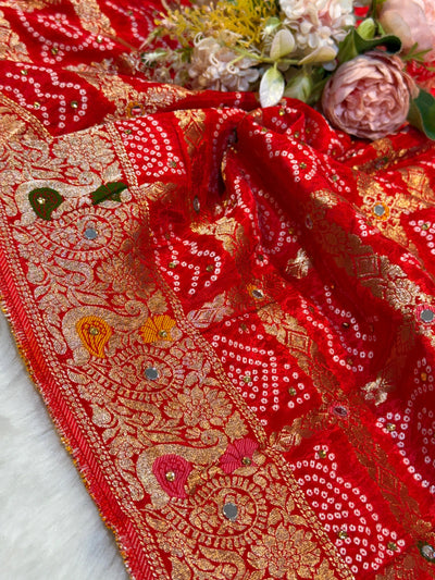 Pure Silk Bandhej Dupatta With Real Mirror Handwork 2.30 meter length