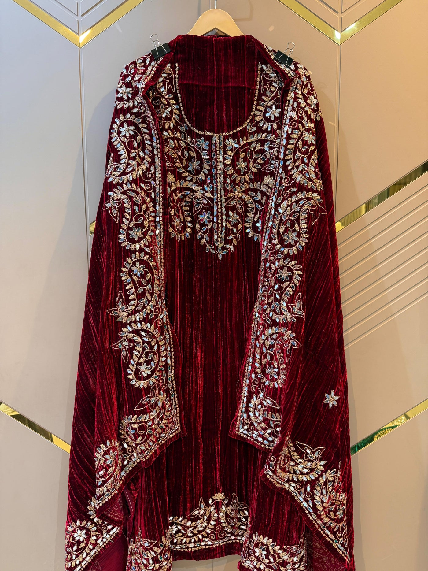 Maroon Crush Velvet Handwork Suit Set