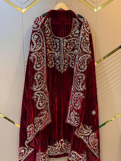 Maroon Crush Velvet Handwork Suit Set