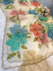 Ayesha Beige Pure Organza Handwork Dupatta With Floral Work and Four Side Scalloped Borders 2.40 meter length