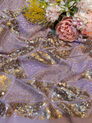 (Precut of 0.70 Meter) Lavender Georgette Thread And Sequins Embroidery Prism Pattern 44 inch width