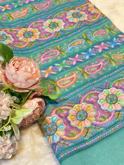 Aqua Green Georgette Chikankari Stripe Floral Threadwork Embroidery 44 inch width