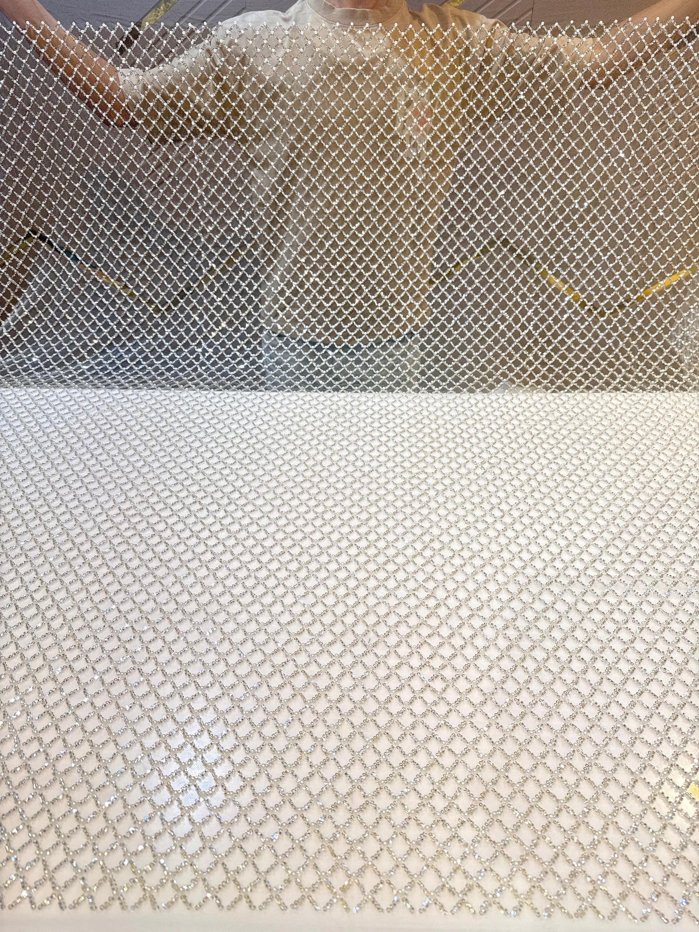 Pearl White Handwork Net Embroidery Checks Pattern  with Cutdana and Pearl Work 54 inch width