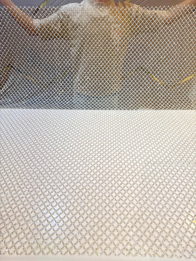 Pearl White Handwork Net Embroidery Checks Pattern  with Cutdana and Pearl Work 54 inch width