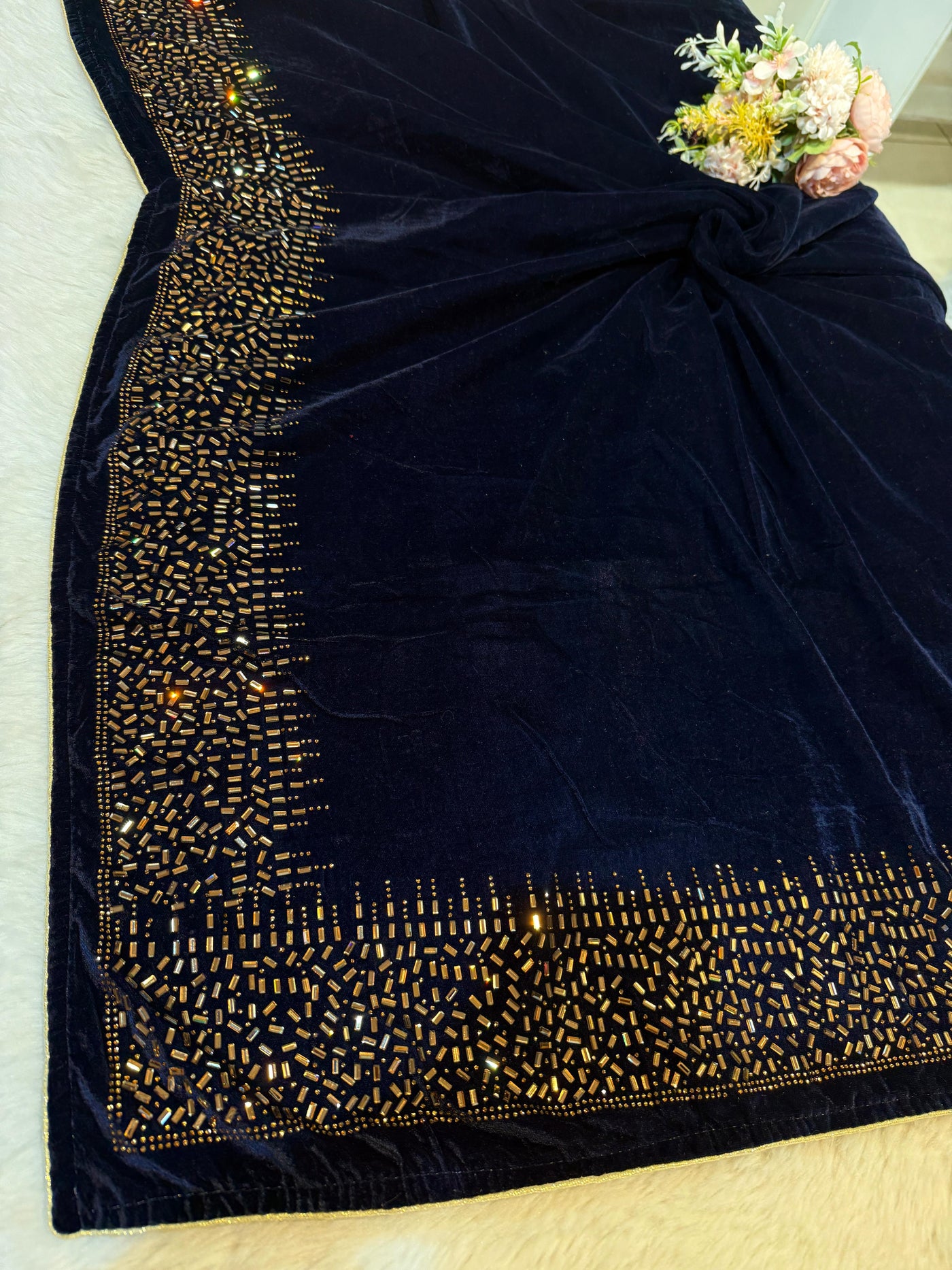Navy Blue Velvet stoles With Stone Work 2.10 meter length 37 inch width