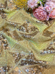 (Precut of 0.50 Meter) Lime Green Georgette Thread And Sequins Embroidery Prism Pattern 44 inch width