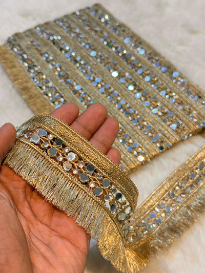 (Wholesale pack of 9 meter ) Lace Border With Stone and Mirror  Work