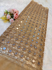 (Precut of 0.70 Meter) Beige Handwork Net Embroidery with mirror and Cutdana work 44 inch width Stripe Pattern