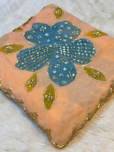 Ayesha Peach Pure Organza Handwork Dupatta With Floral Work and Four Side Scalloped Borders 2.40 meter length