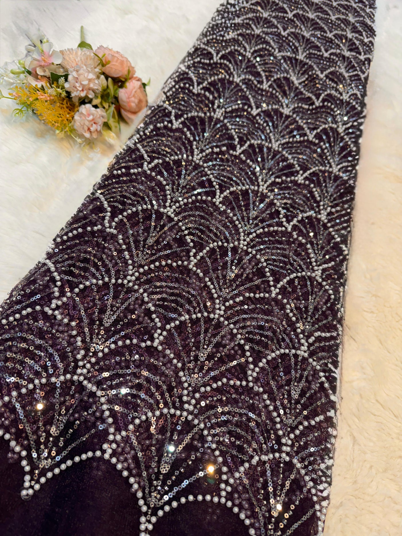 Elif Lite Wine Color Handwork Net Embroidery With Pearl Sequins And Cutdana Work 54 inch width