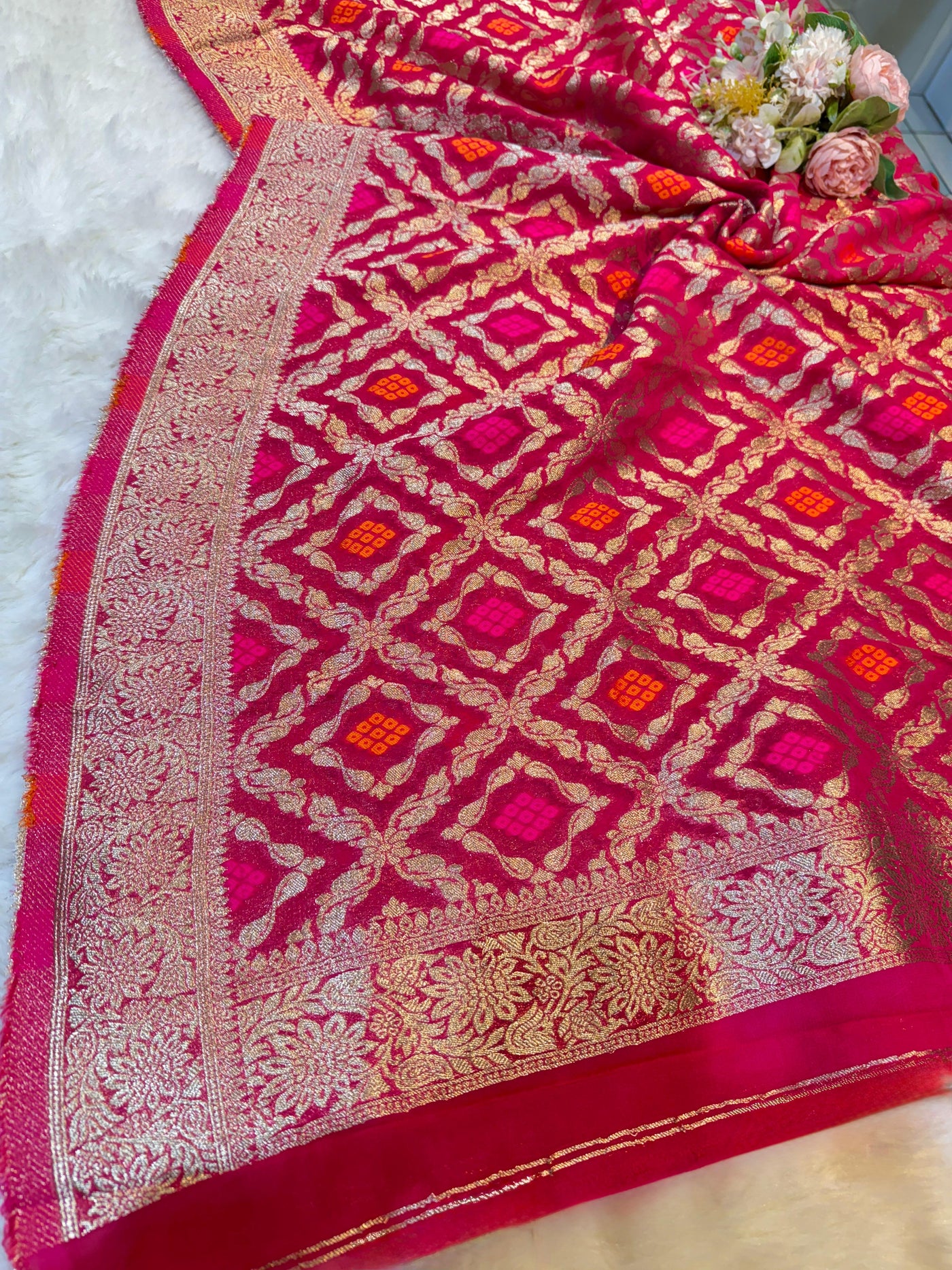 Hot Pink Pure Viscose Georgette Dupatta With Bandhej Weave 2.40 Meter Length 36 Inch Width