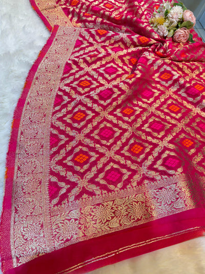 Hot Pink Pure Viscose Georgette Dupatta With Bandhej Weave 2.40 Meter Length 36 Inch Width