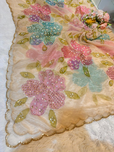 Ayesha Beige Pure Organza Handwork Dupatta With Floral Work and Four Side Scalloped Borders 2.40 meter length