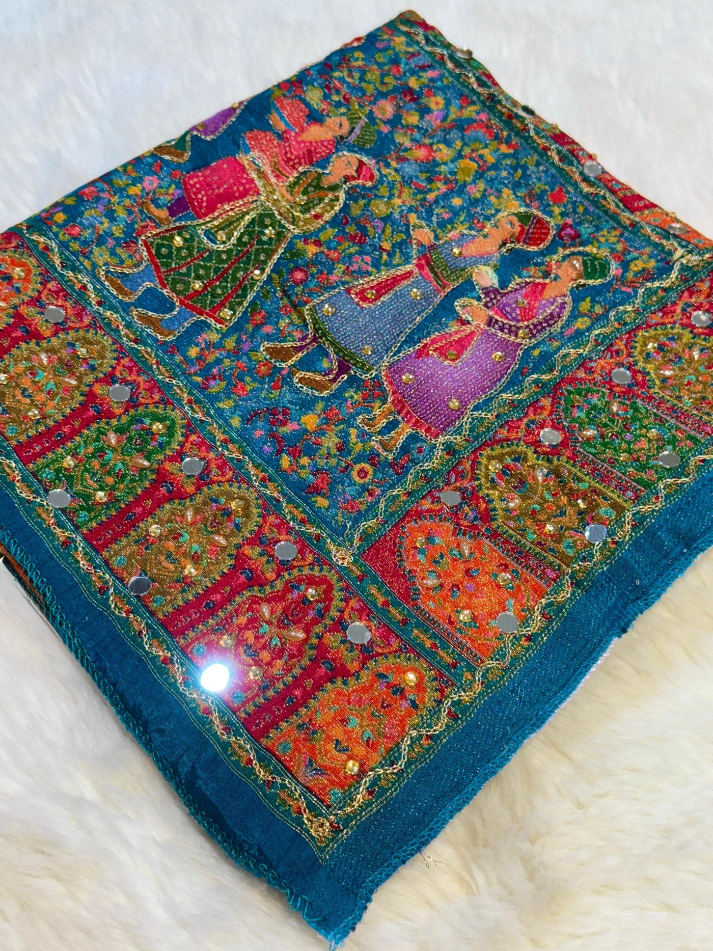 Darbar Teal Blue Pure Silk Dupatta with Real Handwork 2.50 Meter length