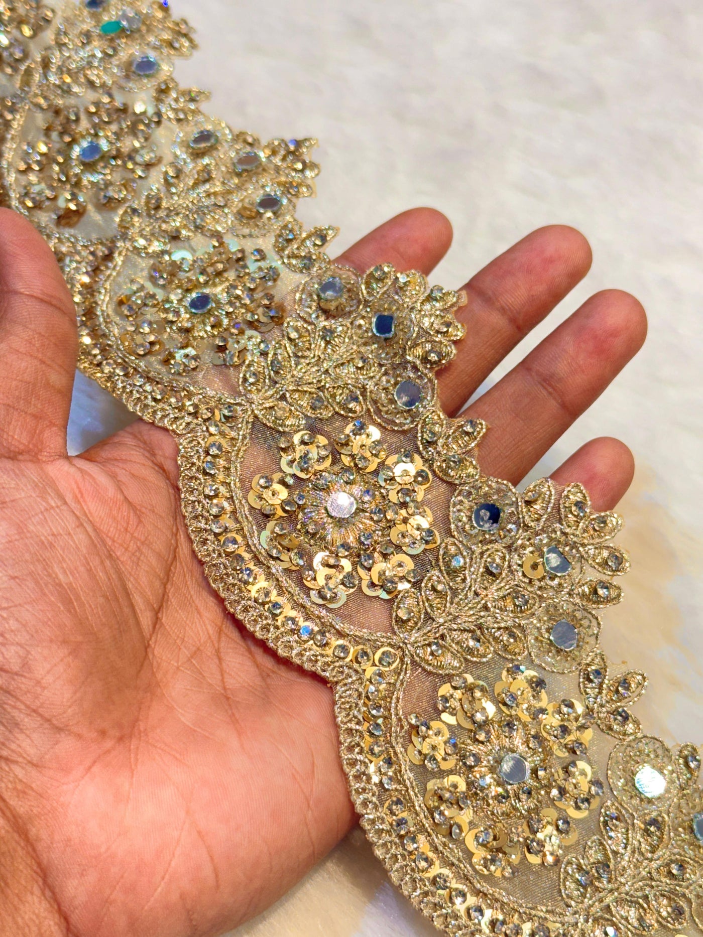 (Wholesale pack of 9 meter ) Lace Border With  Stone Sequins and Mirror work