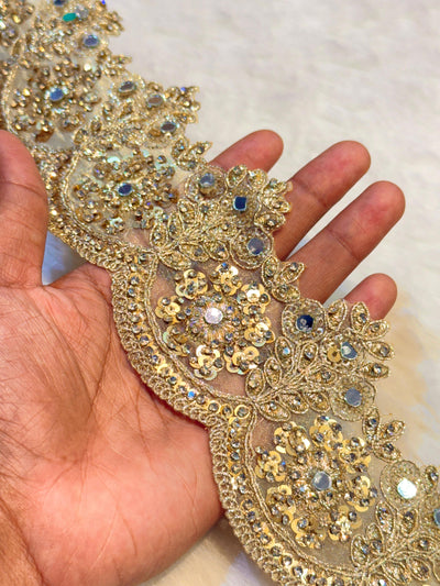 (Wholesale pack of 9 meter ) Lace Border With  Stone Sequins and Mirror work