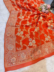 Sandook Orange Pure Georgette Banarsi Dupatta With Handwork 2.50 Meter length