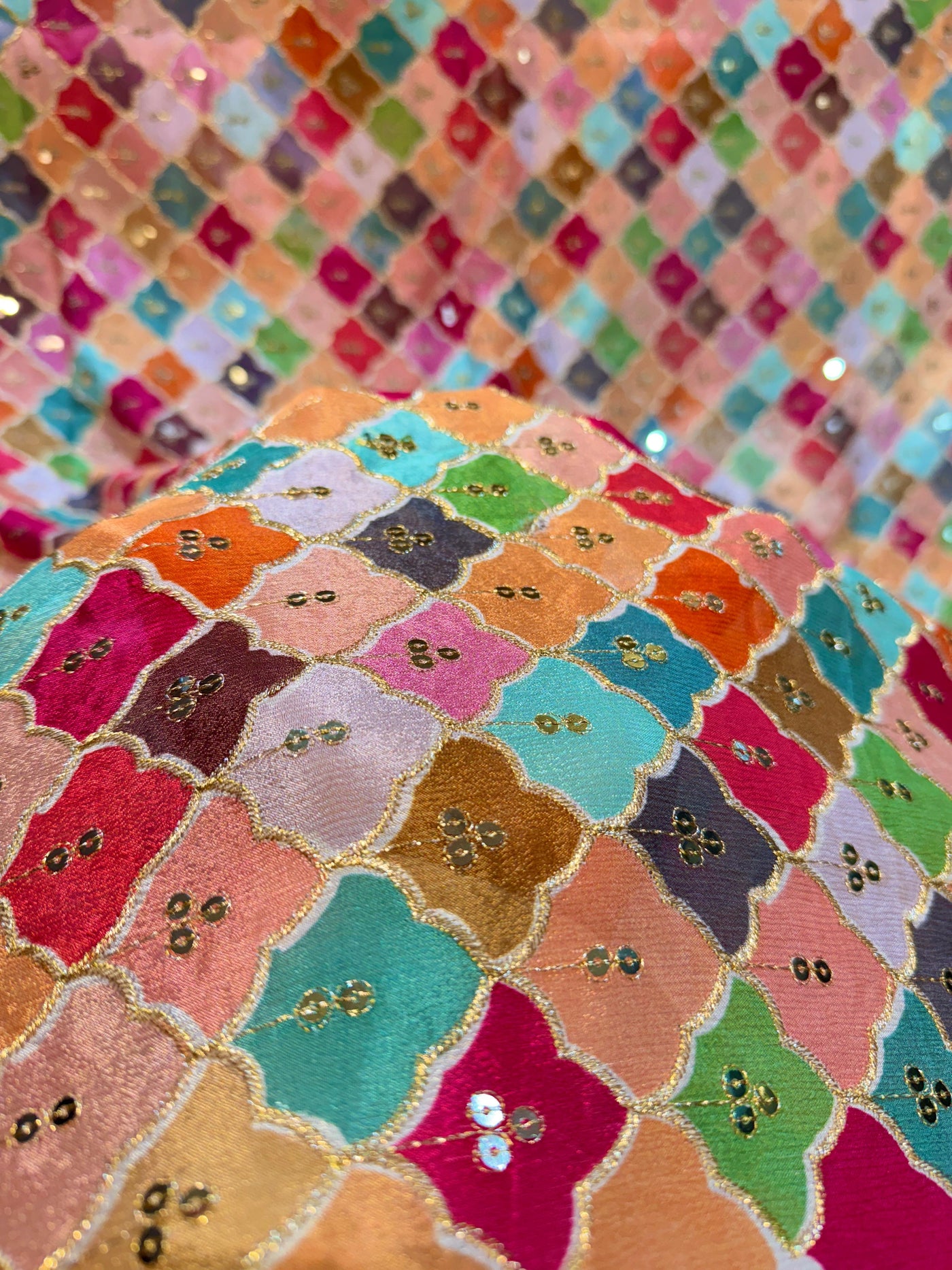 Pure Chinon Sabhya Embroidery with Zari and Sequins 44 Inch width