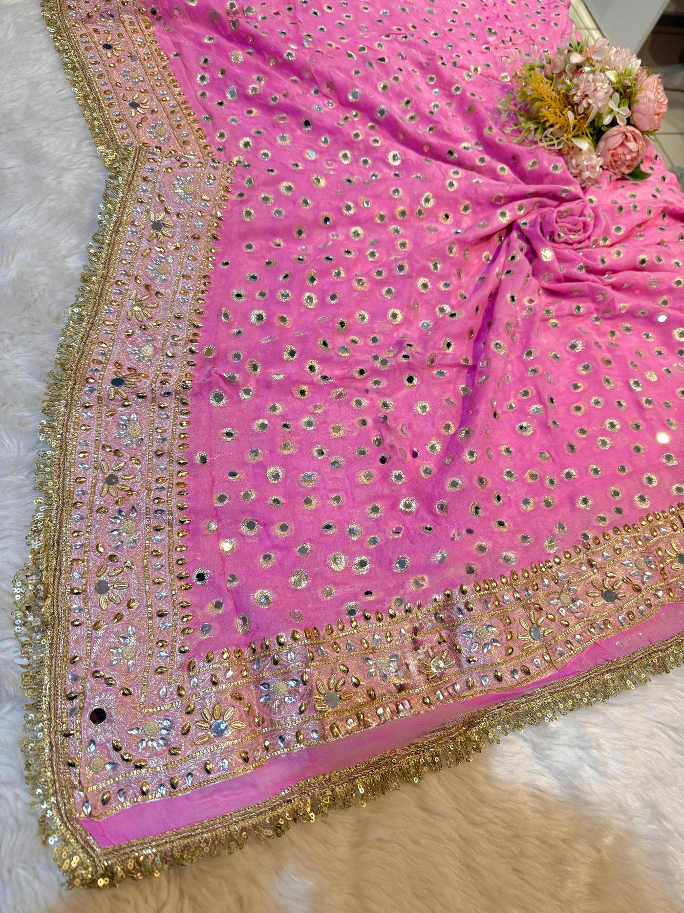 Rubani Baby Pink Real Mirror Handwork Dupatta 2.40 Meter Length