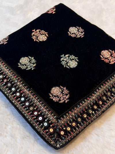 Black Pure velvet Limited Edition Dupatta With Embroidery 2.40 meter length