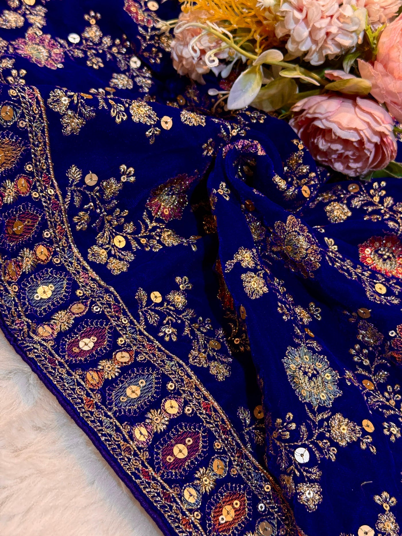 Royal Blue velvet Limited Edition Dupatta With Embroidery 2.40 meter length