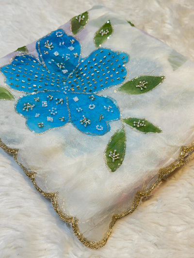 Ayesha white Pure Organza Handwork Dupatta With Floral Work and Four Side Scalloped Borders 2.40 meter length