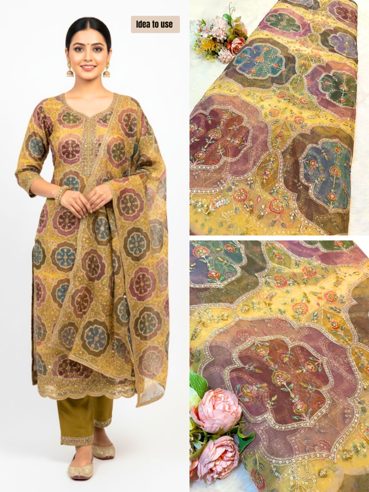 Iliana Yellow Organza Prints with Embroidery 44 inch width