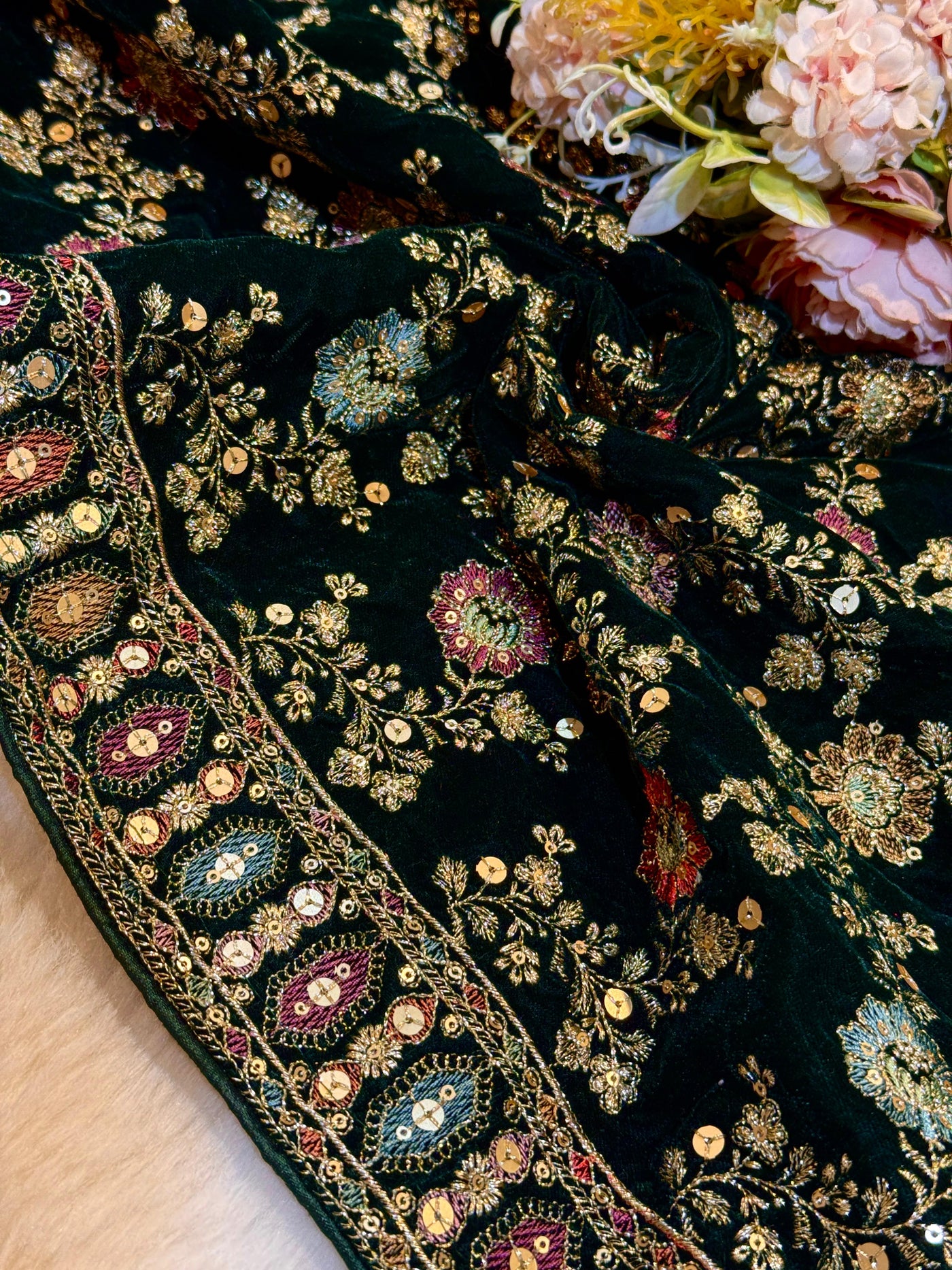Bottle Green Pure velvet Limited Edition Dupatta With Embroidery 2.40 meter length