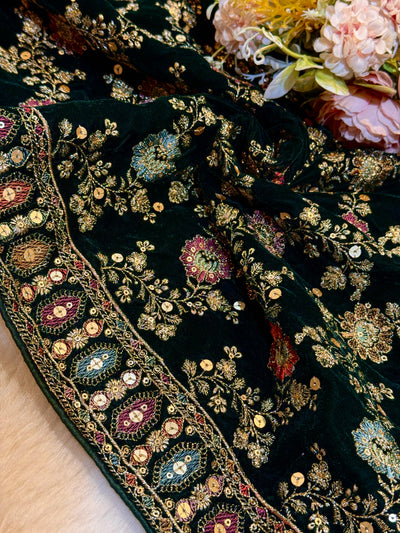 Bottle Green Pure velvet Limited Edition Dupatta With Embroidery 2.40 meter length