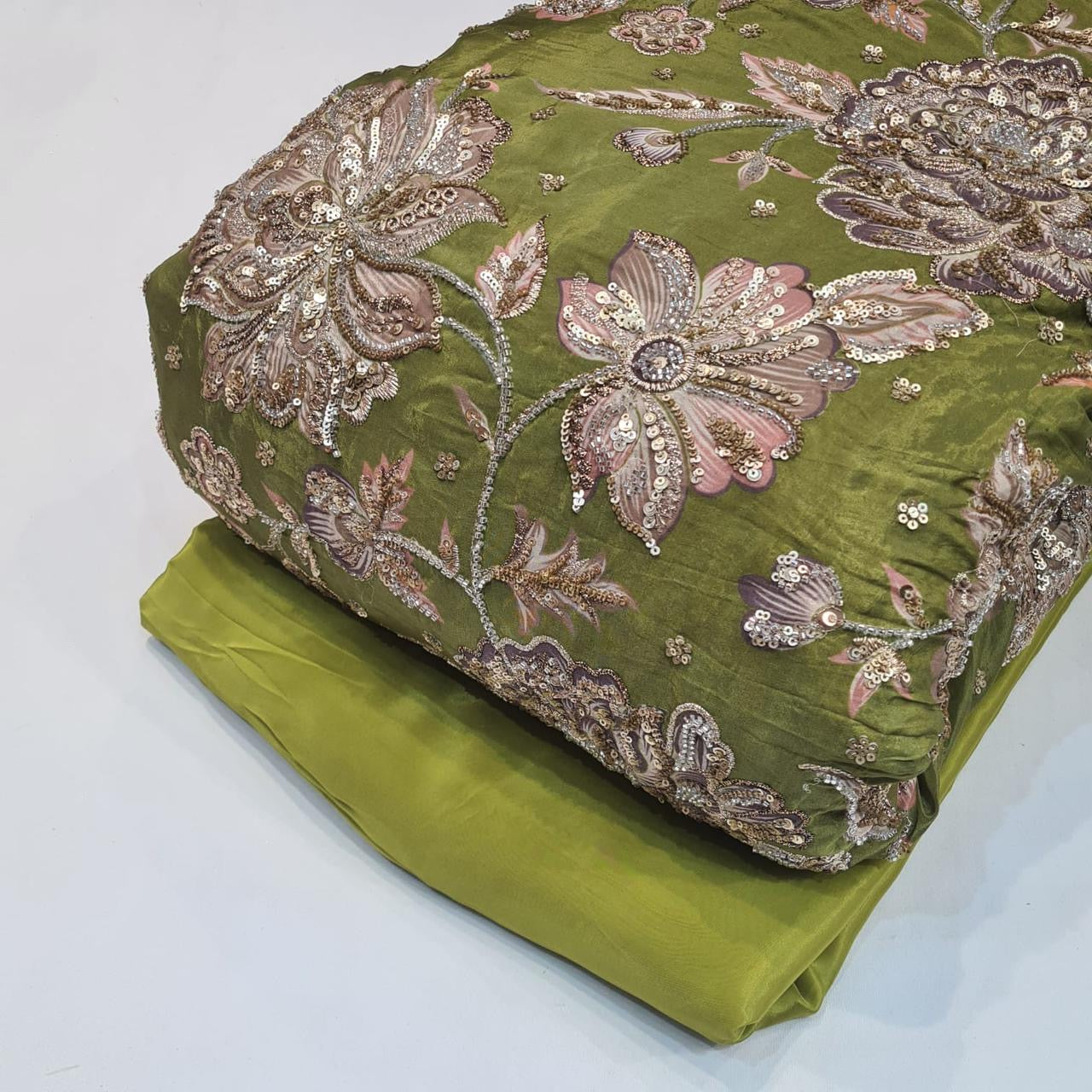 Green Mix Match Combination - Pure Crape Floral Embroidery / Pure Visc ...
