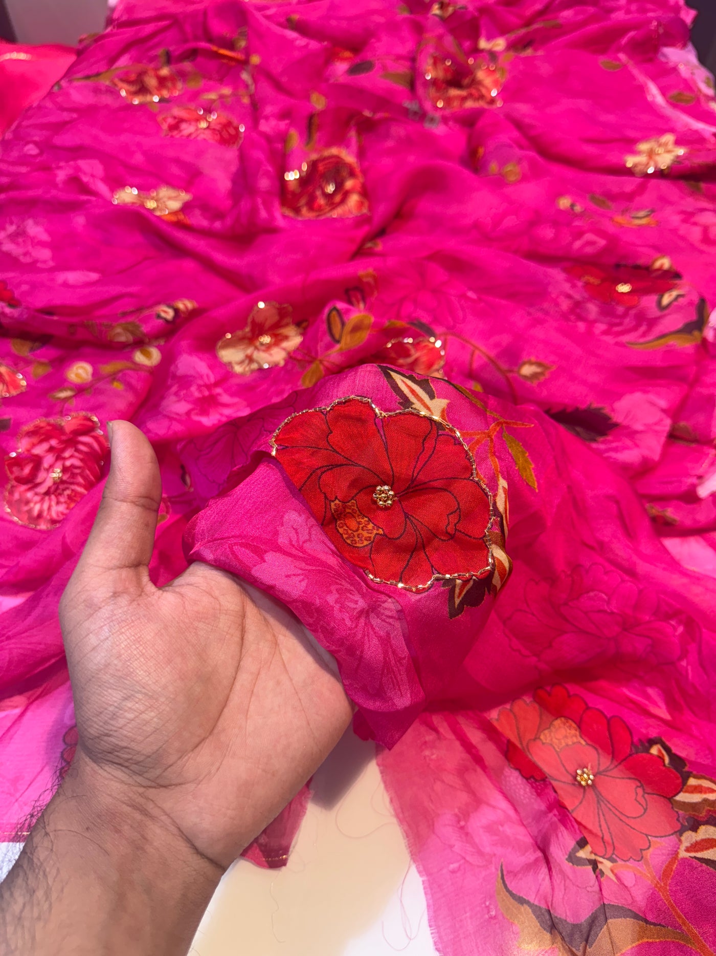 Magenta Supersoft Tabby Silk Handwork Floral 44 inch width