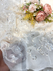 (Precut of 0.40 Meter)  white Georgette Thread And Sequins Embroidery 44 Inch width