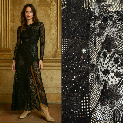 Black Neom Chikankari  Net Embroidery With Mirror work and cutwork 45 inch width